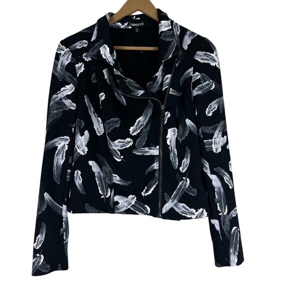 Express Black Feather Print Moto Jacket - Picture 2 of 7